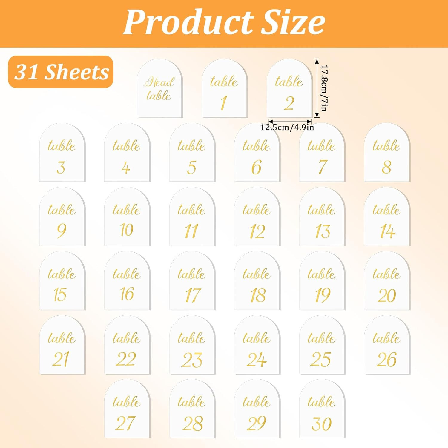 Arch Table Numbers 1-30 plus Head Table, 5.9X3.9 Inch White Card Stock, Double-S