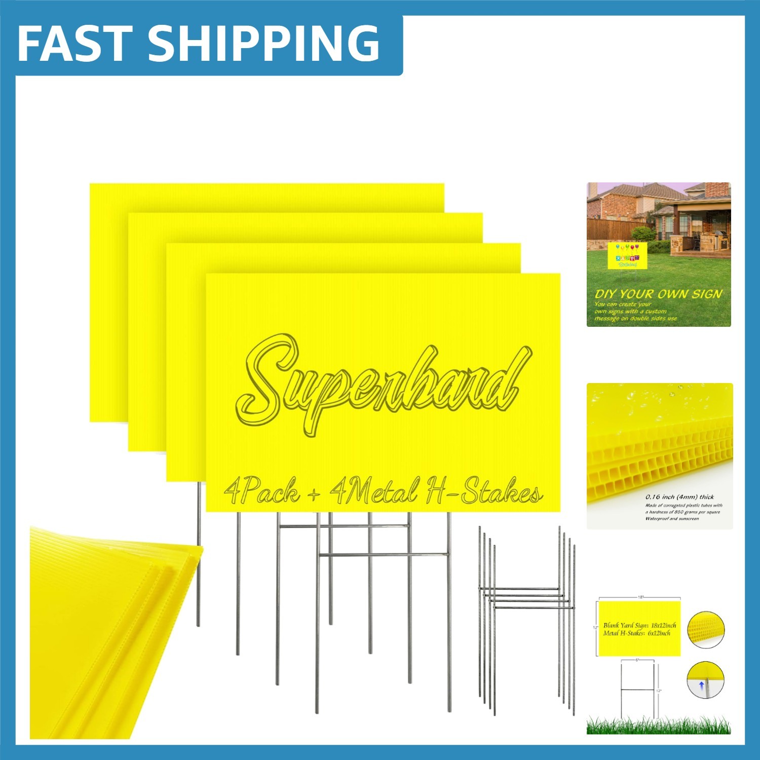 Bright Yellow Blank Yard Signs 4-Pack, Waterproof with H-Stakes for Easy Setup
