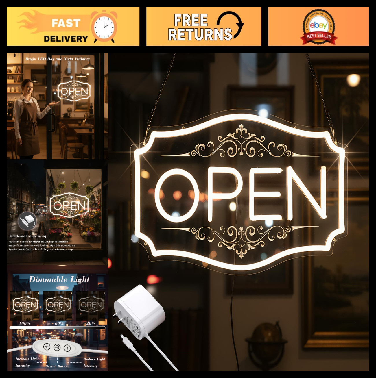Dimmable LED Open Sign for Business – 16.5″x10.5″, Warm White Neon Light for Win
