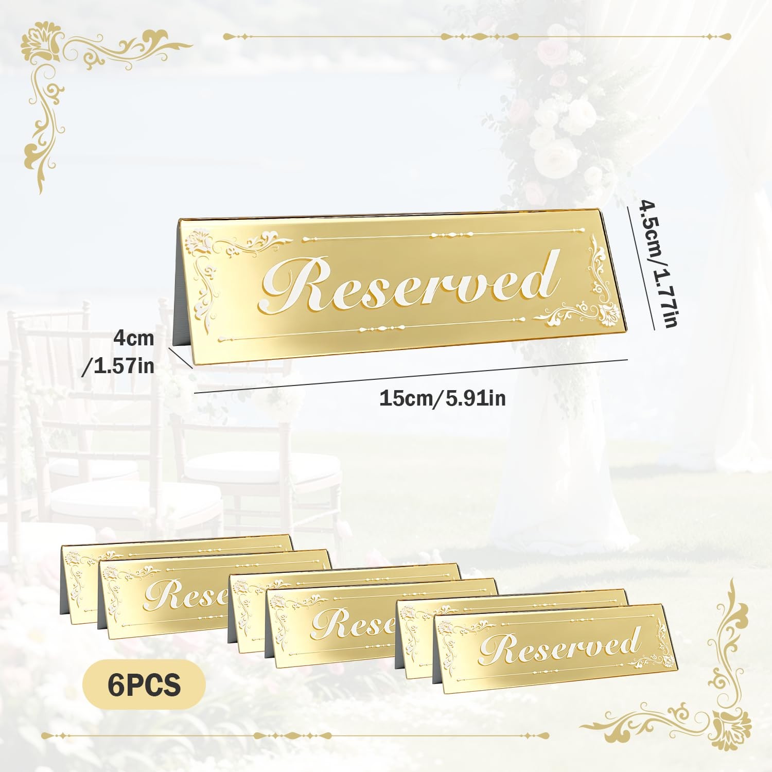 6 PCS Mirrored Gold Reserved Table Signs 6×2 Inch DoubleSided Acrylic Cards
