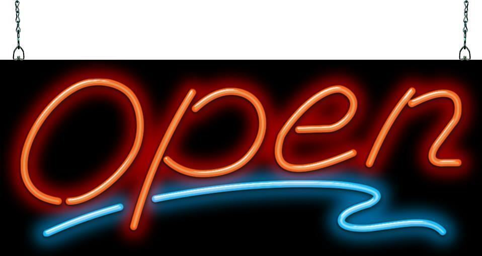 Open Neon Sign With Blue Underline Jantec 32″ x 13″ Shop Window Sign