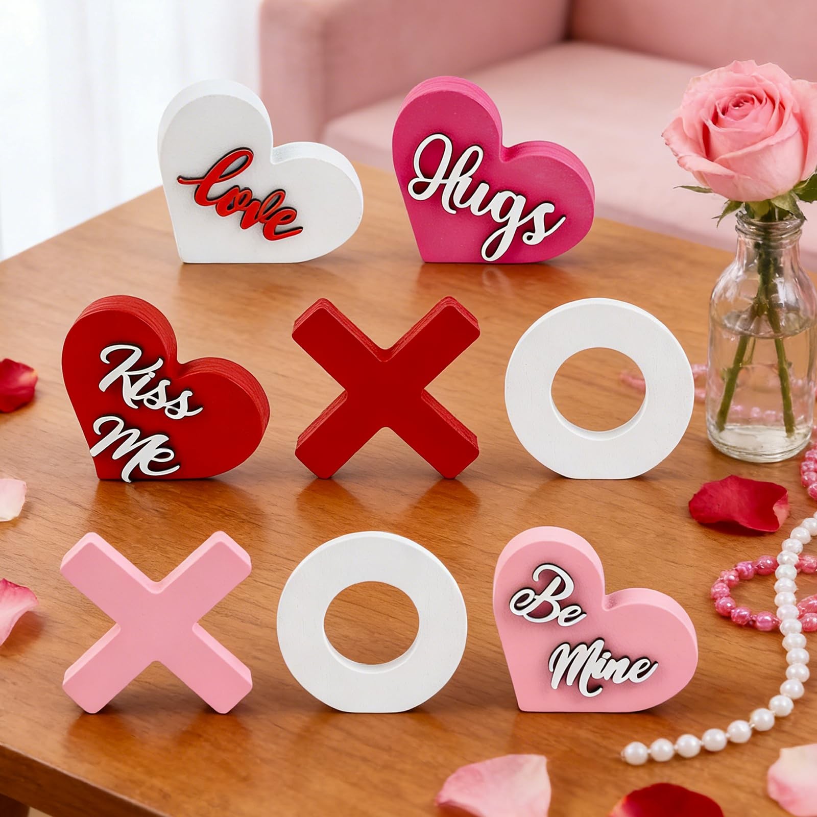 8Pcs Valentine’s Day Wooden Heart XOXO Table Signs Valentines Tiered Tray Dec…