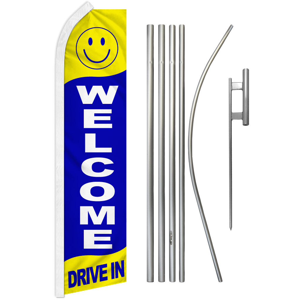 Welcome Drive In Advertising Swooper Feather Flutter Flag & Pole Kit Dealership