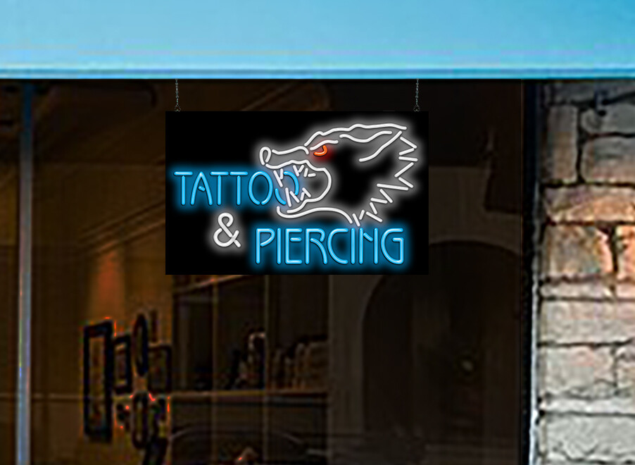 Tattoo & Piercing with Wolf Neon Sign REAL Neon Window Sign Advertisement