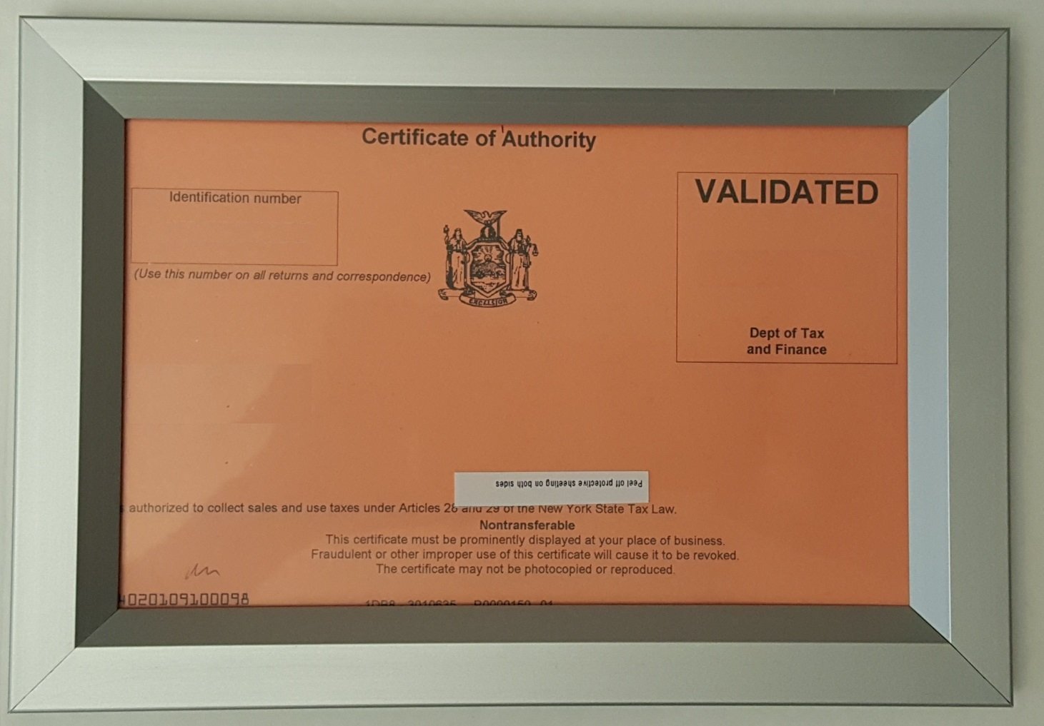 Sale Tax Certificate NYC frame 8.5 x 5.5( Heavy Duty – Aluminum)-REF24-1027