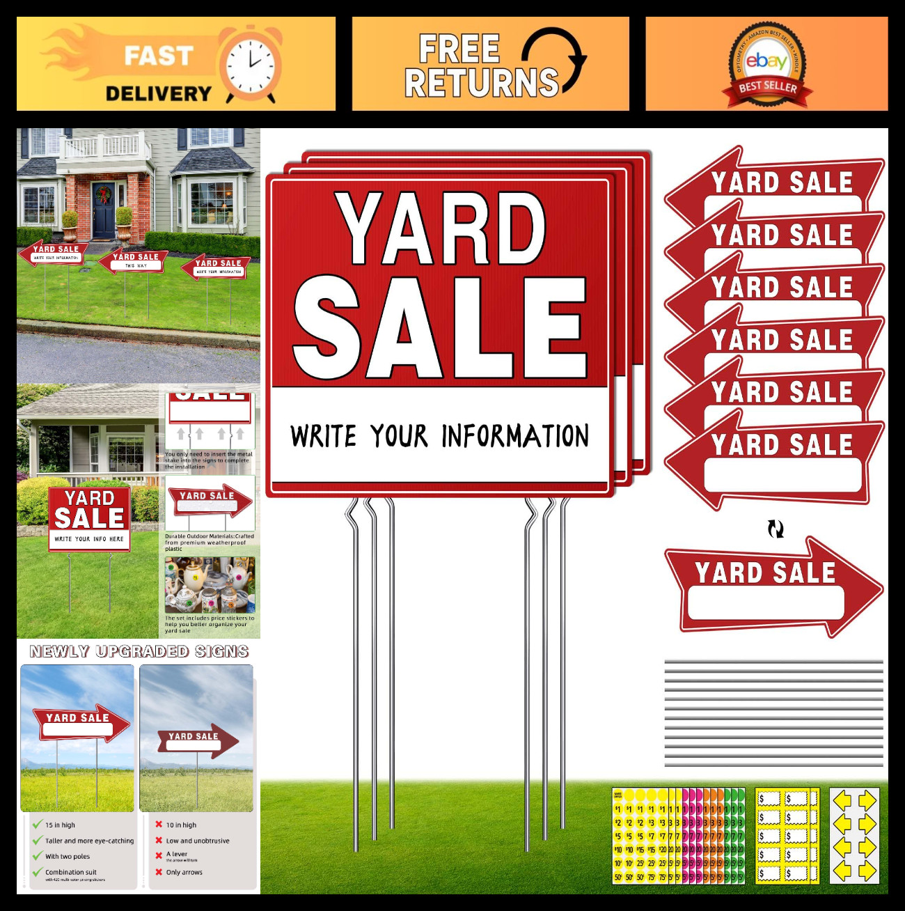 14pcs Yard Sale Signs 17″x13″ Double-Sided with Metal Stake, Pricing & Direction