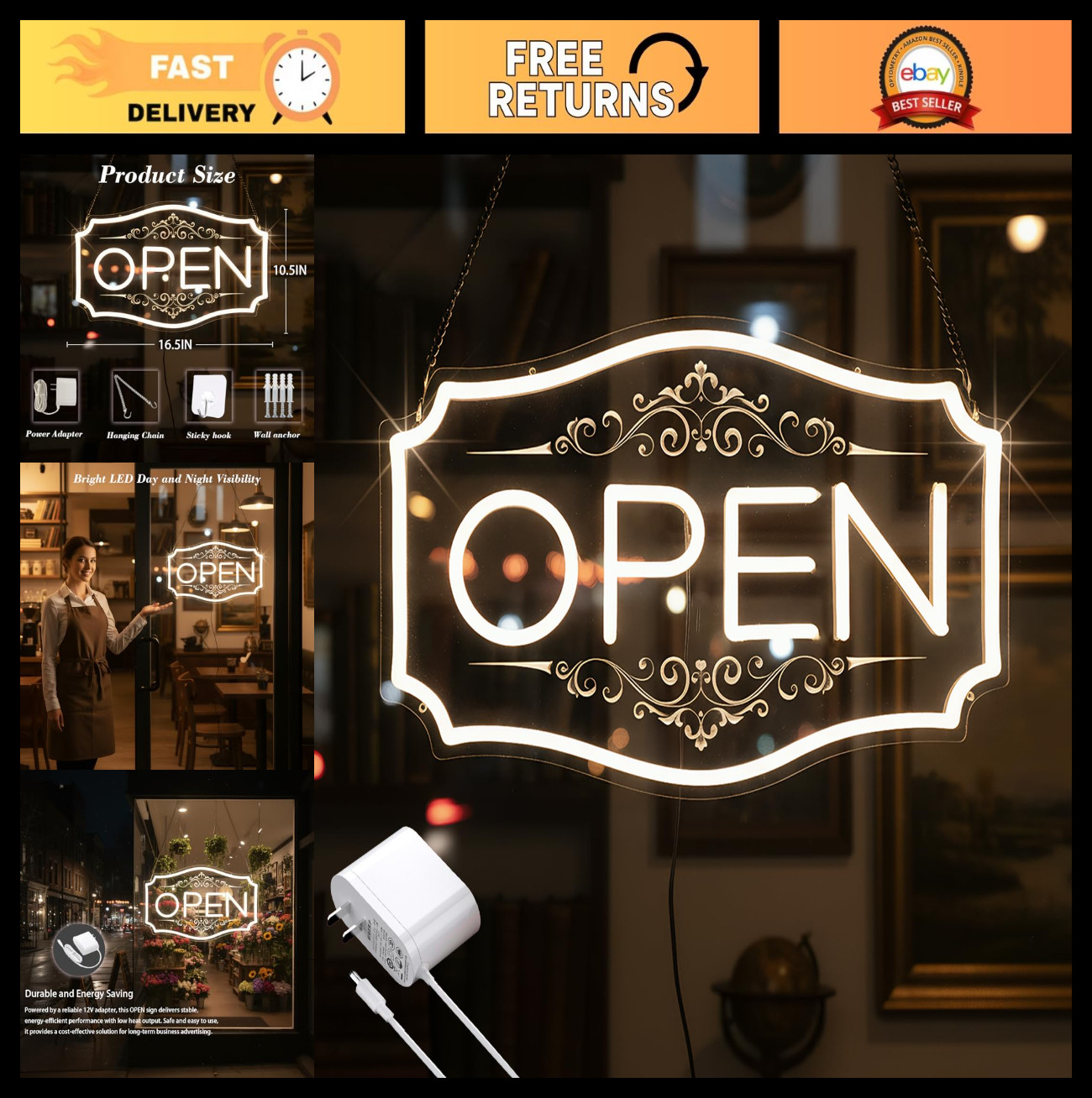 LED Open Sign for Business – Dimmable Neon Light, 16.5″x10.5″, Warm White, Brigh