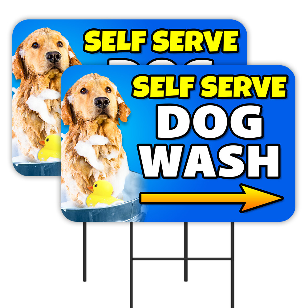 Self Serve Dog Wash 2 Pack Double-Sided Yard Signs 16″ x 24″ with Metal Stakes (