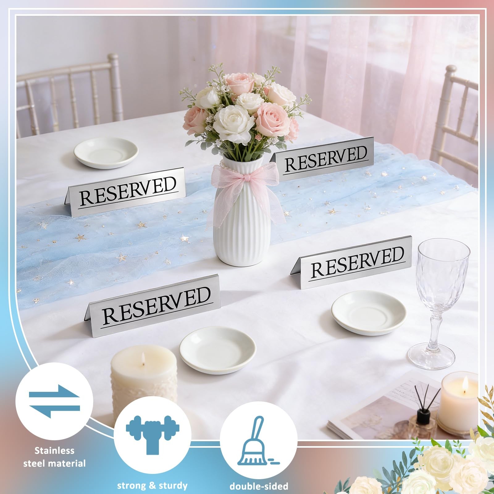 12 PCS Stainless Steel Reserved Table Signs 6×1.5 Inch Wedding Restaurant