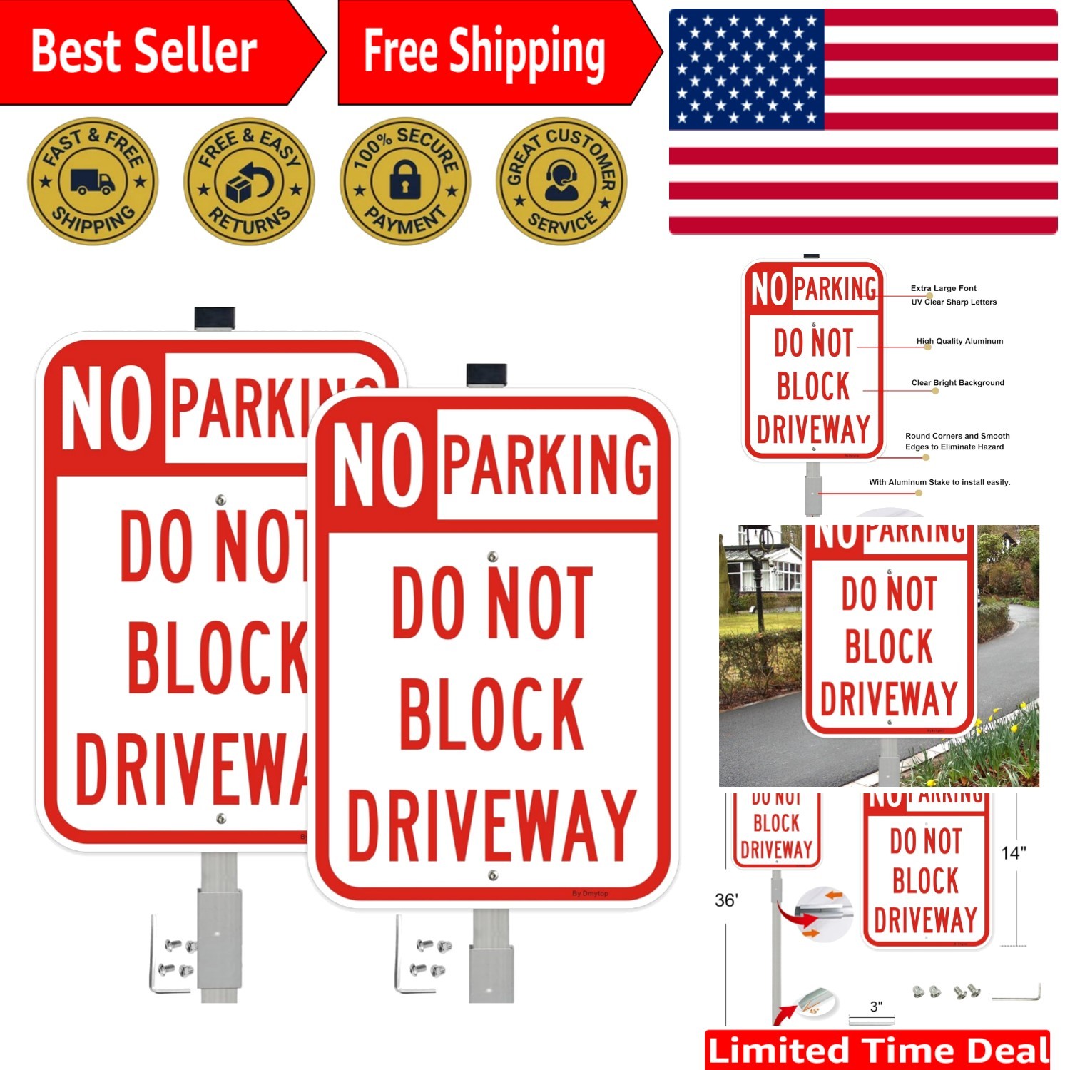 14″ x 10″ Reflective No Parking Signs – 2 Pack with Rust-Free Stake Included