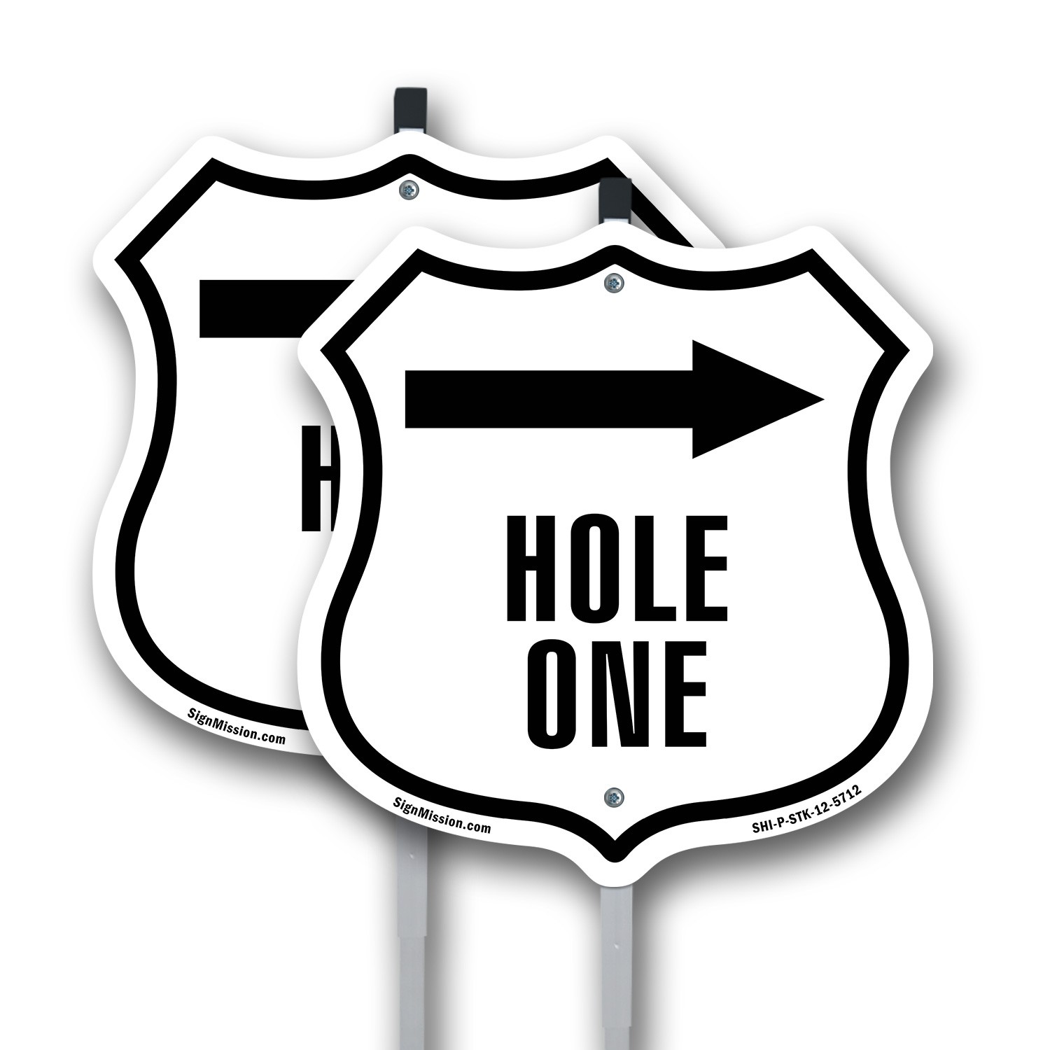 Hole 1 Right Shield Shaped Sign With Stake Weather Resistant Crafted in the USA