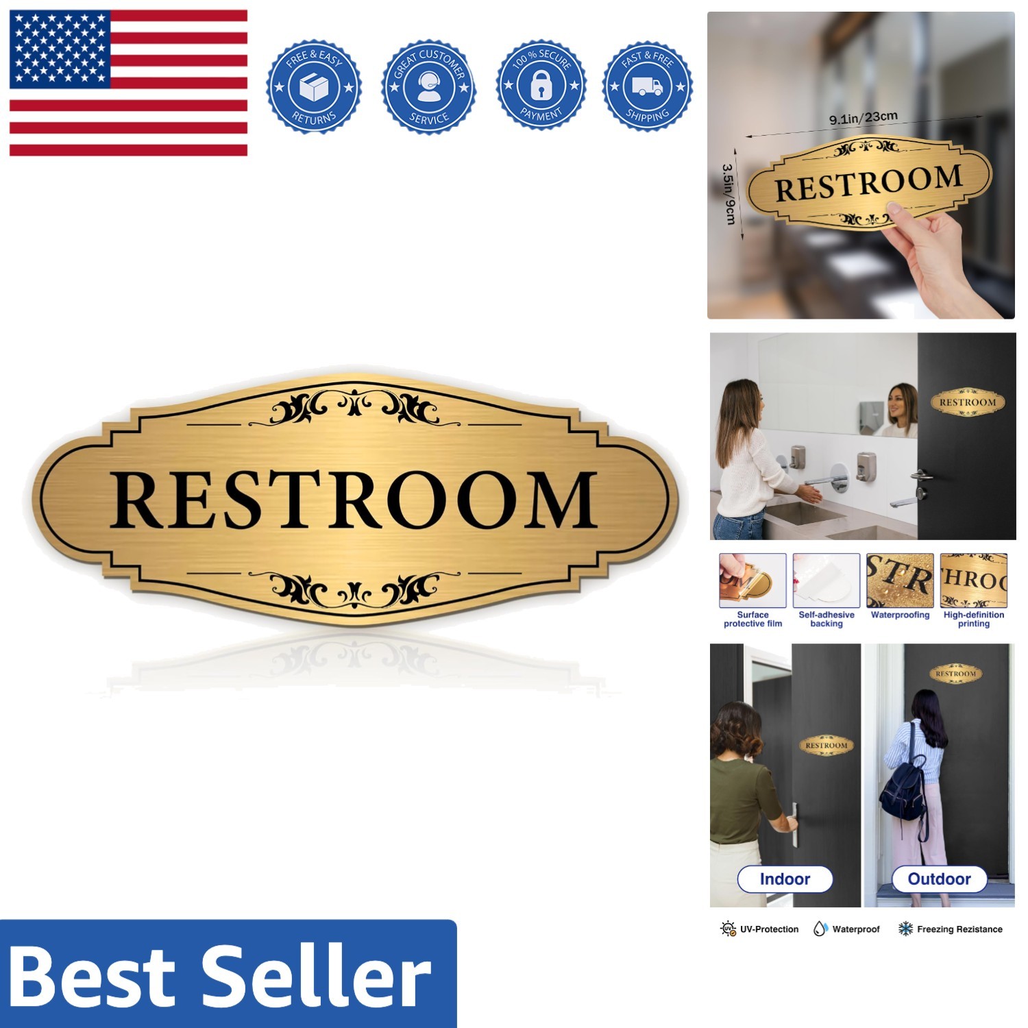 Waterproof Gold Restroom Sign – Unisex Design for Home & Business