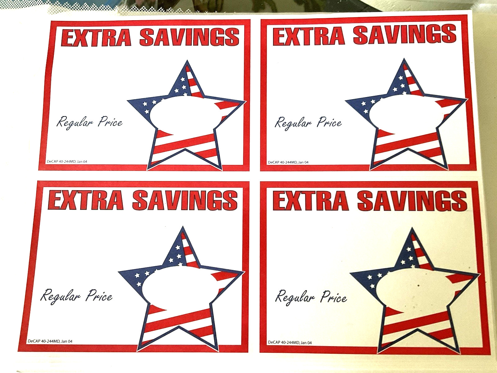 Sale Signs Extra Savings 60 Cards Red White Blue Star 5-1/2″ x 4-1/4″ New