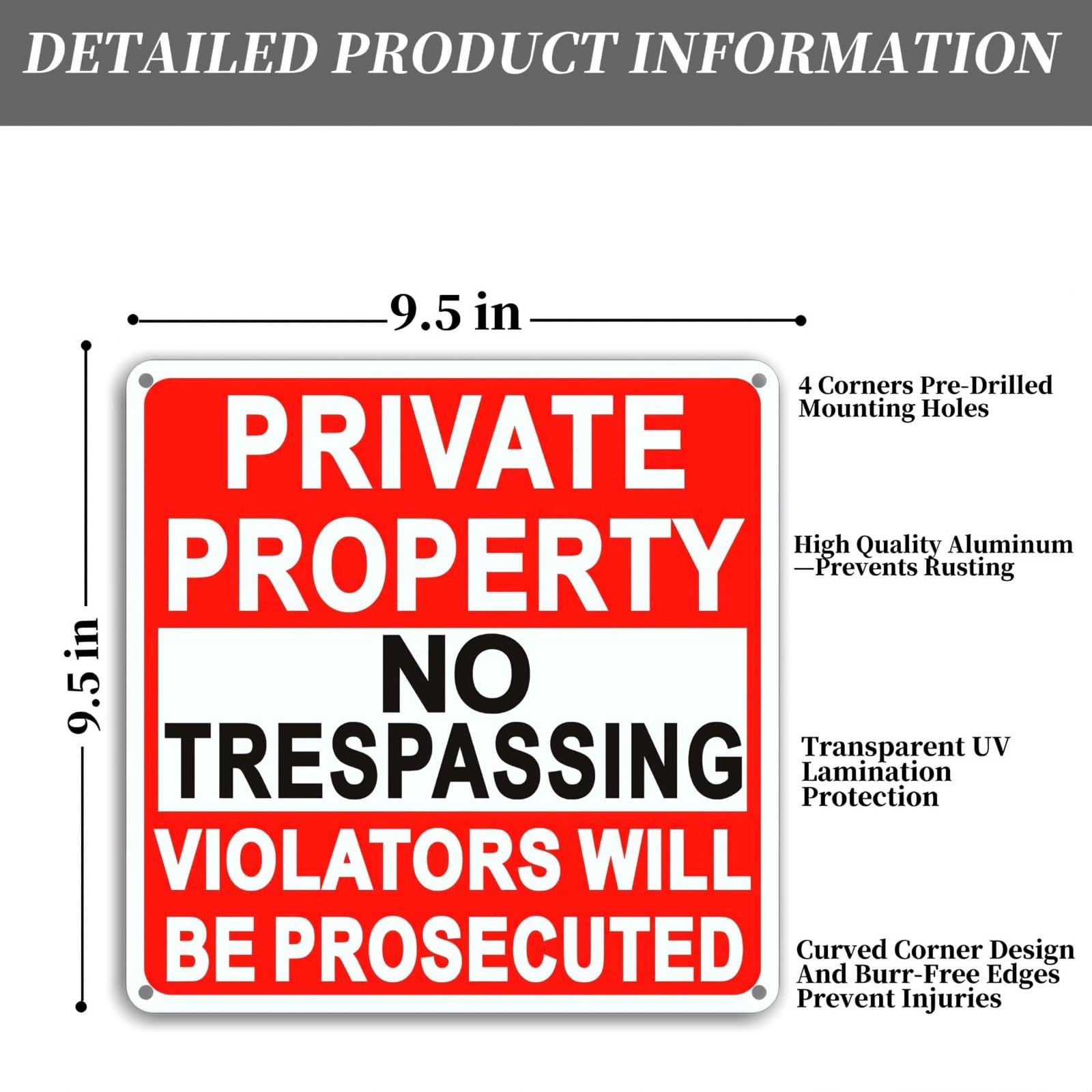 4 Pack Large No Trespassing Signs Private Property, 9.5 Inch x 9.5 Inch Priva…