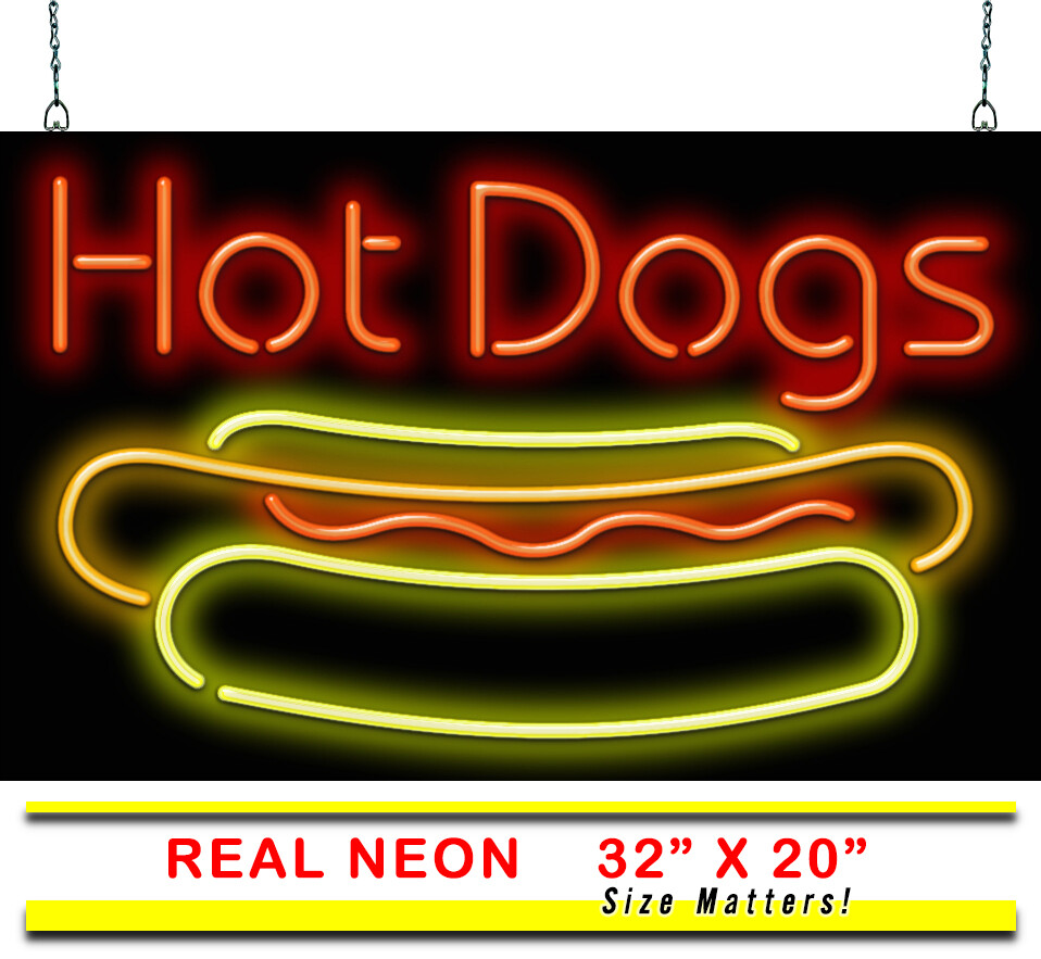 Hotdogs Neon Sign Jantec 32″ x 20″ Burger Fries Chili Slaw Carolina