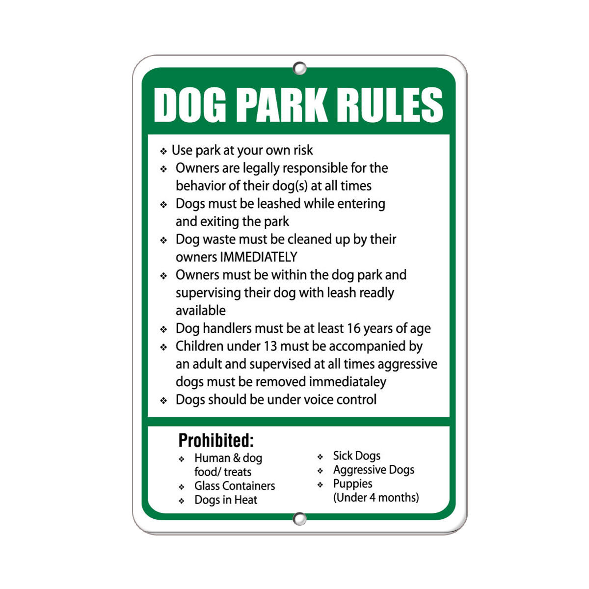 Vertical Metal Sign Multiple Sizes Dog Park Regulations Must Stay Specified